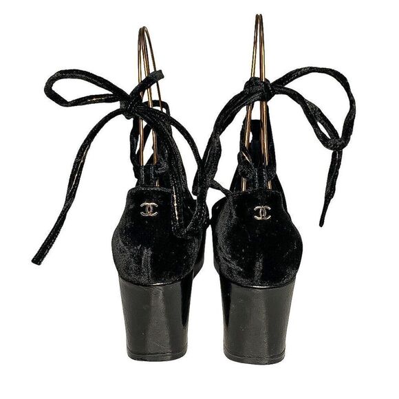 Chanel Interlocking CC Logo Wood Platform Velvet Gladiator Sandal EU 39 US 8-8.5 - Picture 3 of 11